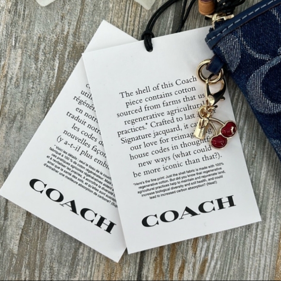 Coach Denim Corner Zip Wristlet With Cherry Charm - Picture 9 of 16